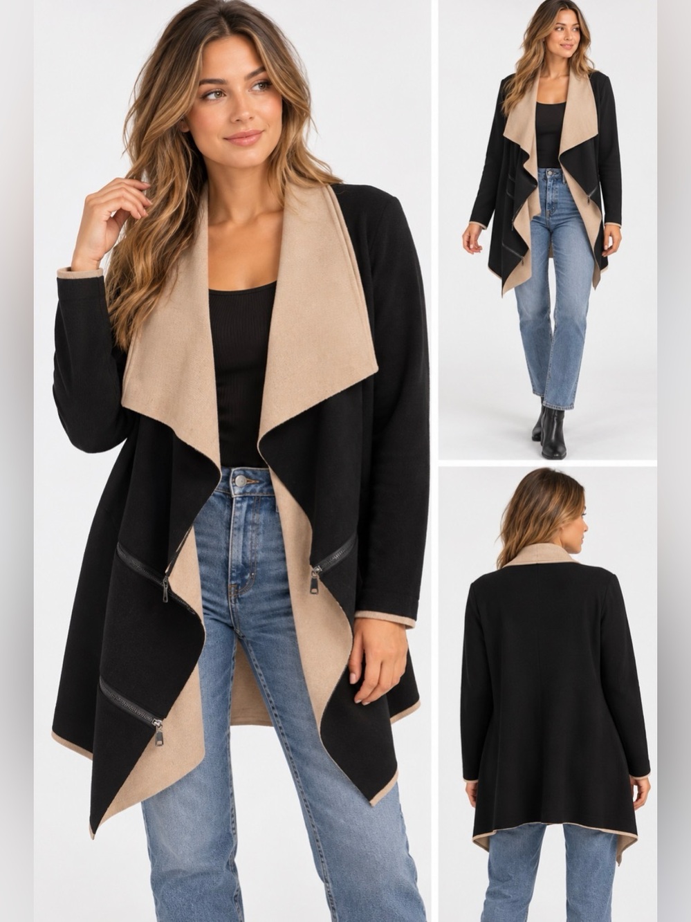 VEX COLLECTION Black Beige Waterfall Cardigan Zip Detail